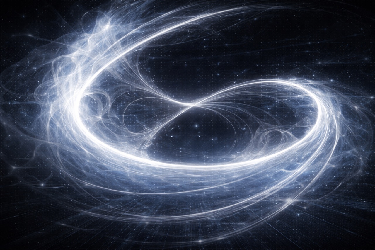 A luminous Mobius figure-eight drawing tight, the same loop seen as it closes.