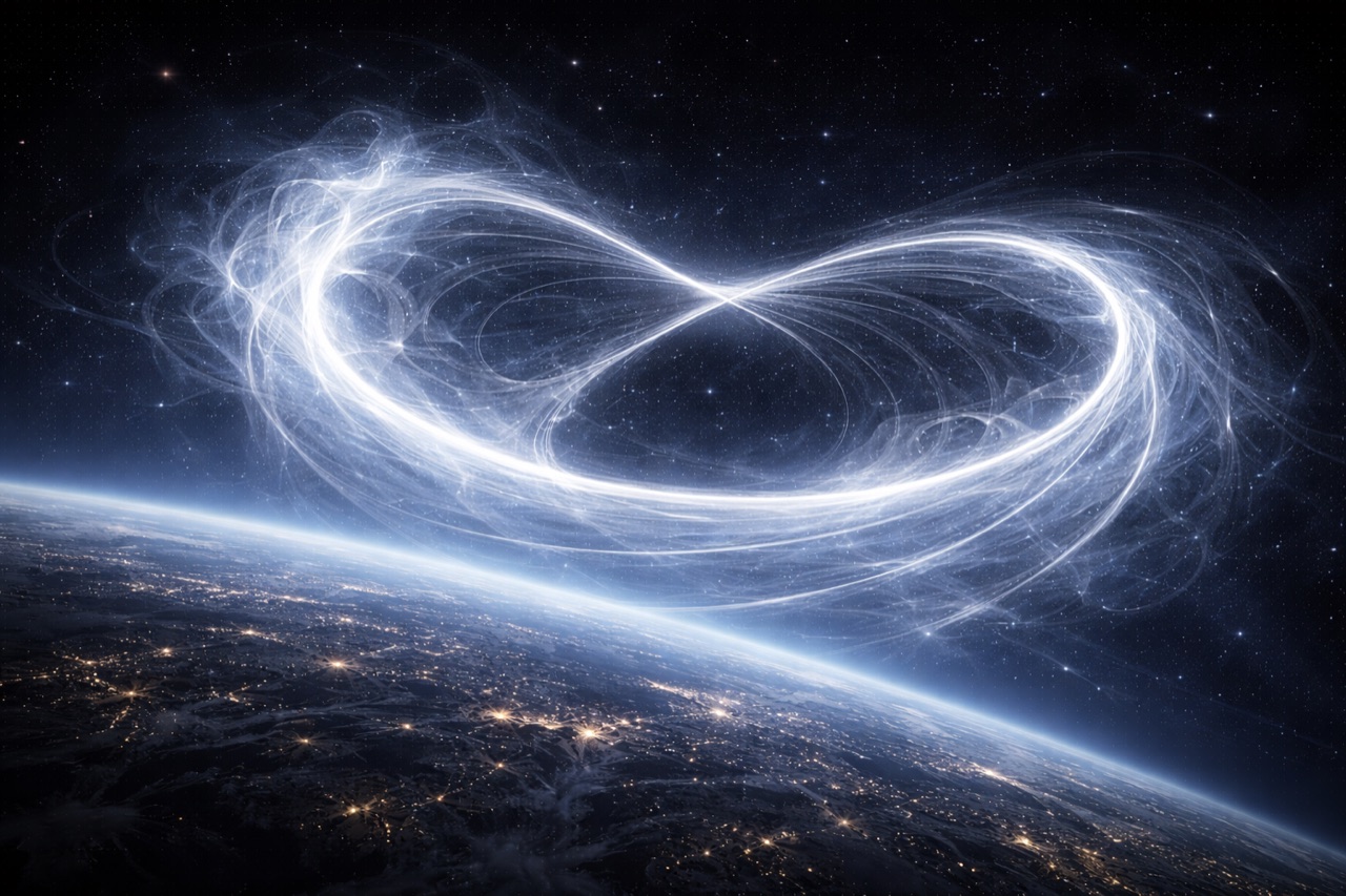 A luminous Mobius surface seen from a new vantage, the same circuit read with the opposite sign.