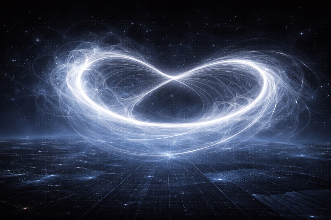 A luminous Mobius light-ribbon over a reflective grid plane, the same loop seen mid-traversal.