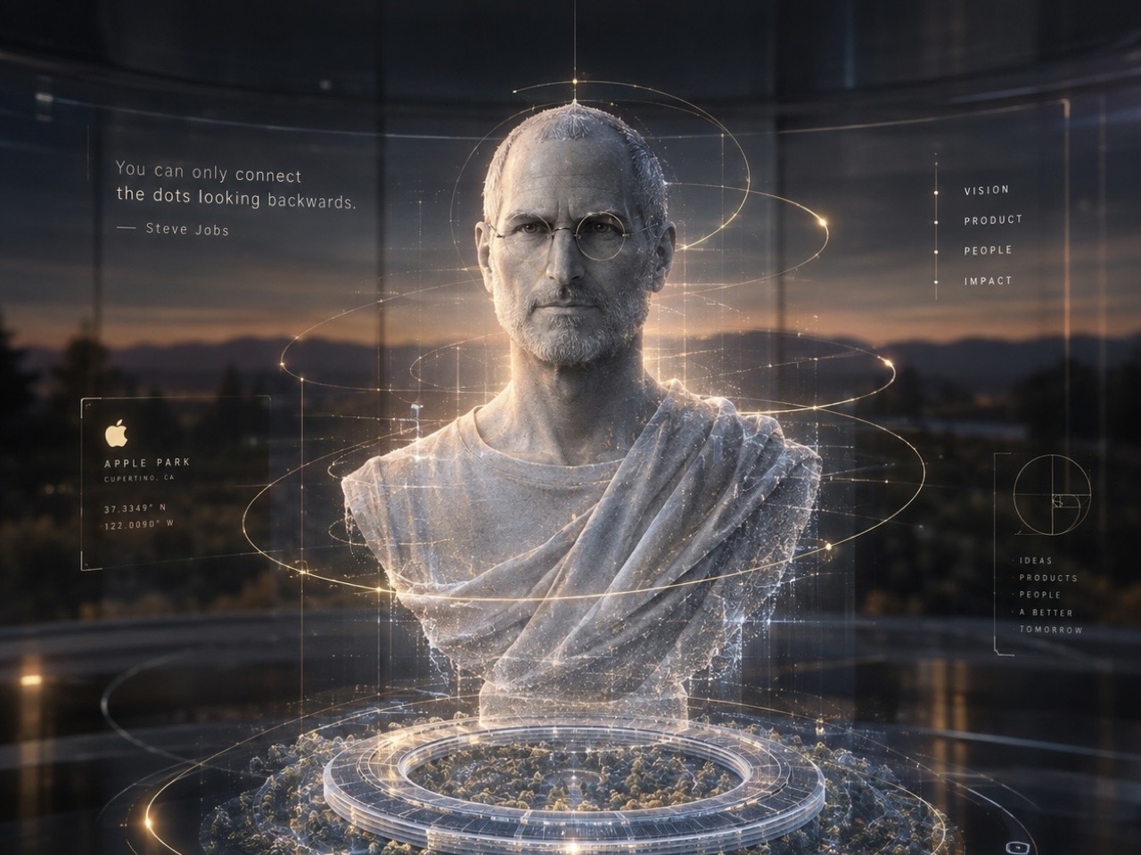 A holographic marble bust of Steve Jobs in classical drapery at Apple Park at dusk, orbited by luminous connection-lines, captioned 'You can only connect the dots looking backwards, Steve Jobs', with the Apple Park coordinates and the golden ratio spiral.